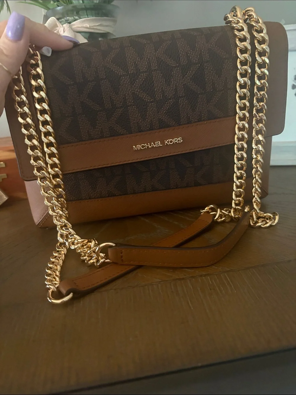 Michael Kors Brown Logo and Saffiano Leather Chain Crossbody